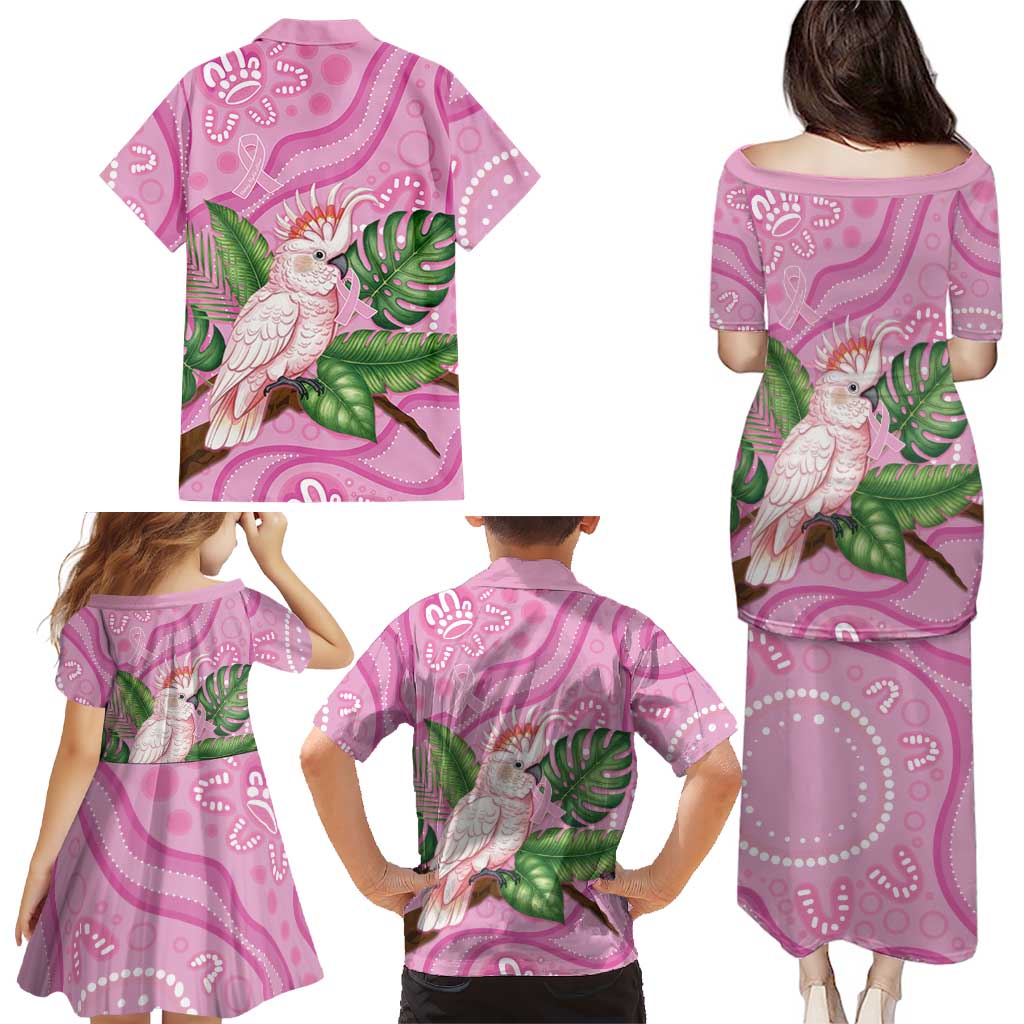 Australia Breast Cancer Awareness Family Matching Puletasi and Hawaiian Shirt Pink Cockatoo Ribbon Aboriginal Dot Art