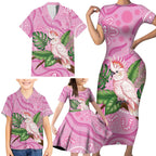 Australia Breast Cancer Awareness Family Matching Short Sleeve Bodycon Dress and Hawaiian Shirt Pink Cockatoo Ribbon Aboriginal Dot Art