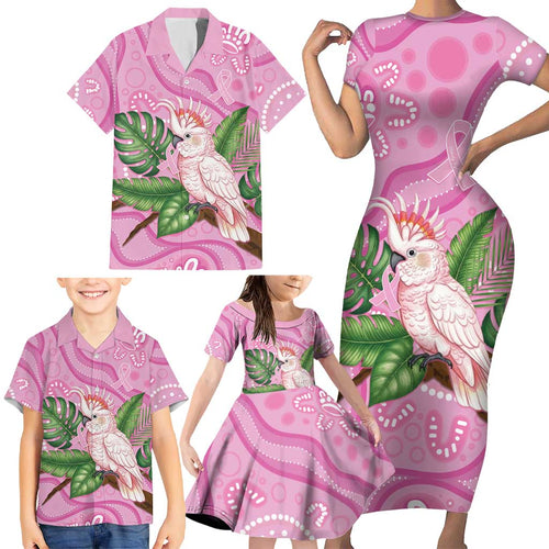 Australia Breast Cancer Awareness Family Matching Short Sleeve Bodycon Dress and Hawaiian Shirt Pink Cockatoo Ribbon Aboriginal Dot Art