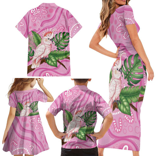 Australia Breast Cancer Awareness Family Matching Short Sleeve Bodycon Dress and Hawaiian Shirt Pink Cockatoo Ribbon Aboriginal Dot Art