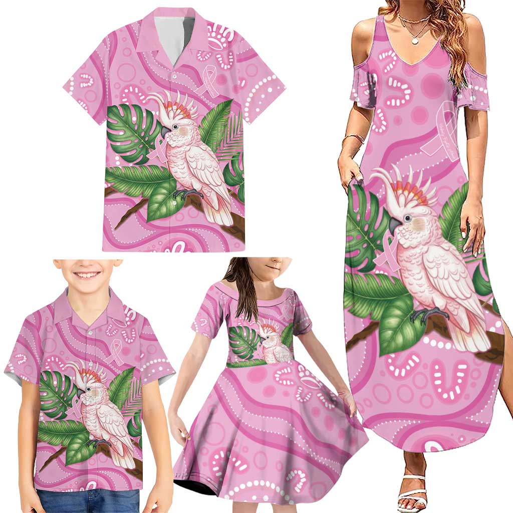 Australia Breast Cancer Awareness Family Matching Summer Maxi Dress and Hawaiian Shirt Pink Cockatoo Ribbon Aboriginal Dot Art