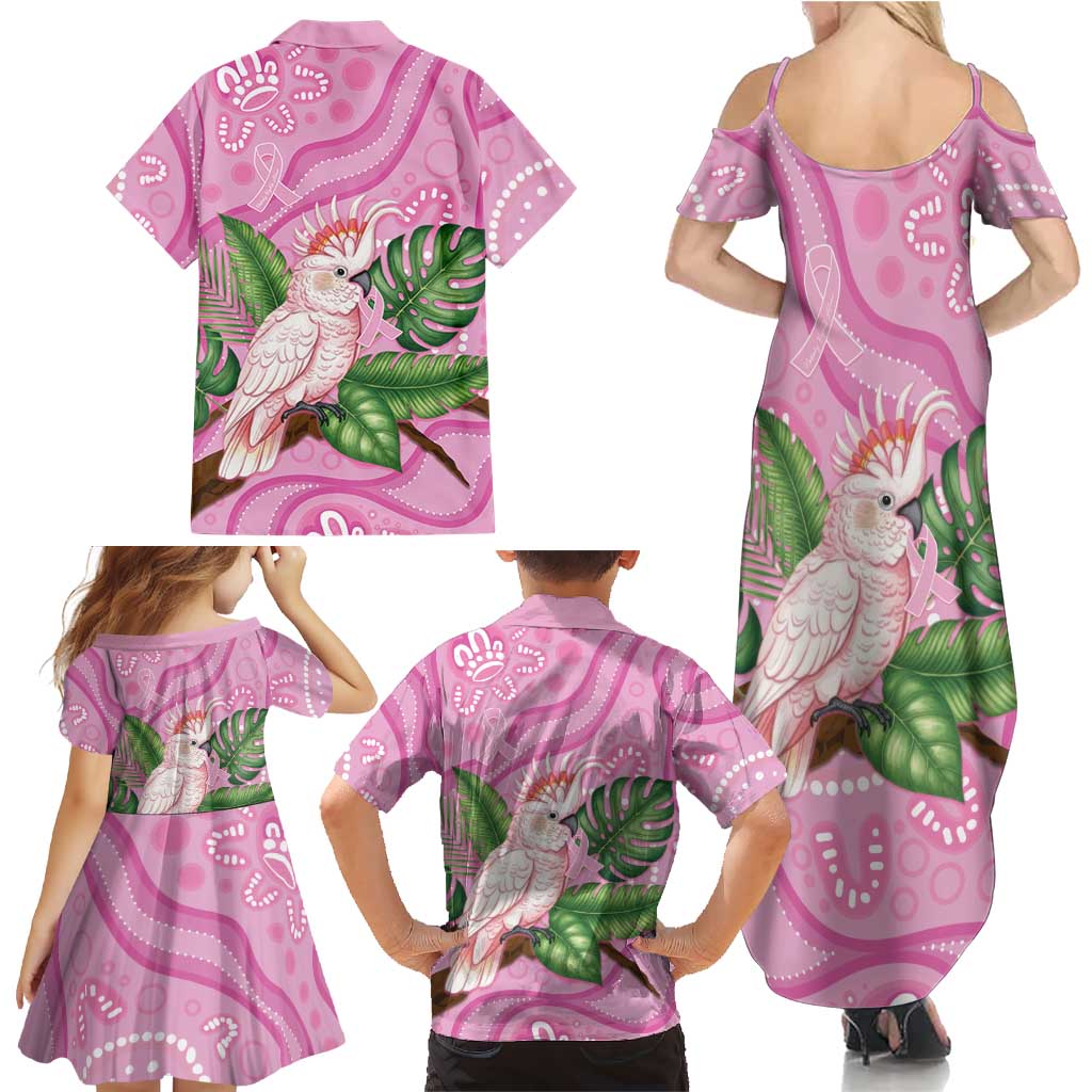 Australia Breast Cancer Awareness Family Matching Summer Maxi Dress and Hawaiian Shirt Pink Cockatoo Ribbon Aboriginal Dot Art
