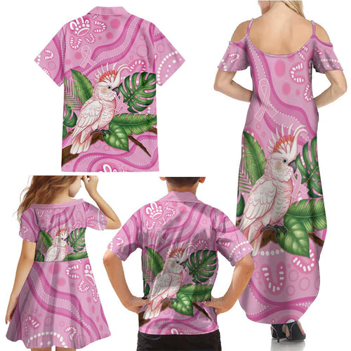 Australia Breast Cancer Awareness Family Matching Summer Maxi Dress and Hawaiian Shirt Pink Cockatoo Ribbon Aboriginal Dot Art