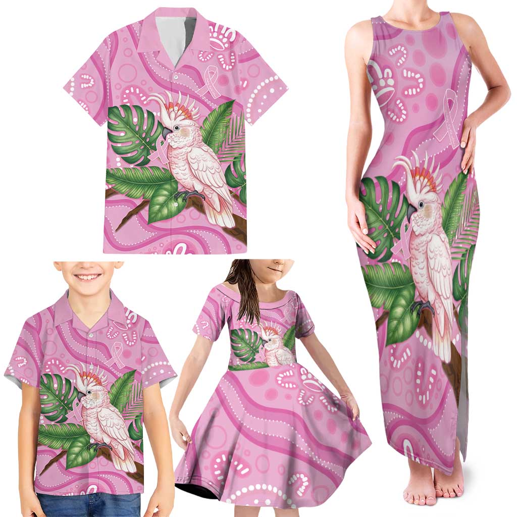 Australia Breast Cancer Awareness Family Matching Tank Maxi Dress and Hawaiian Shirt Pink Cockatoo Ribbon Aboriginal Dot Art