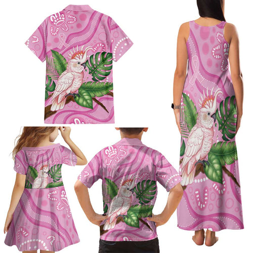 Australia Breast Cancer Awareness Family Matching Tank Maxi Dress and Hawaiian Shirt Pink Cockatoo Ribbon Aboriginal Dot Art