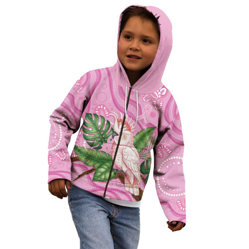 Australia Breast Cancer Awareness Kid Hoodie Pink Cockatoo Ribbon Aboriginal Dot Art