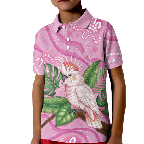 Australia Breast Cancer Awareness Kid Polo Shirt Pink Cockatoo Ribbon Aboriginal Dot Art