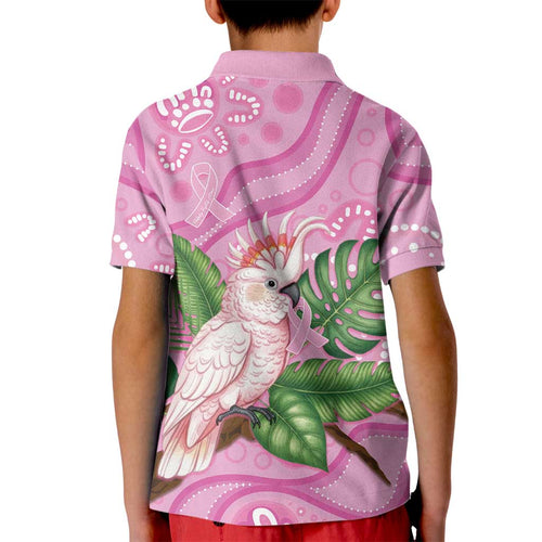 Australia Breast Cancer Awareness Kid Polo Shirt Pink Cockatoo Ribbon Aboriginal Dot Art