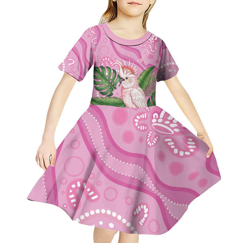 Australia Breast Cancer Awareness Kid Short Sleeve Dress Pink Cockatoo Ribbon Aboriginal Dot Art