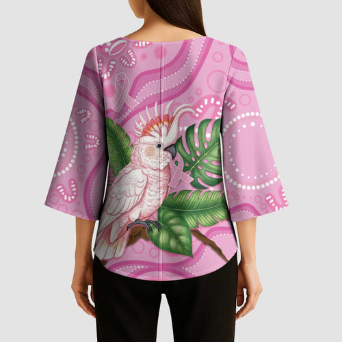 Australia Breast Cancer Awareness Kimono Sleeve Blouse Pink Cockatoo Ribbon Aboriginal Dot Art