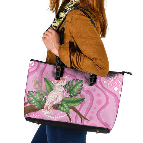 Australia Breast Cancer Awareness Leather Tote Bag Pink Cockatoo Ribbon Aboriginal Dot Art