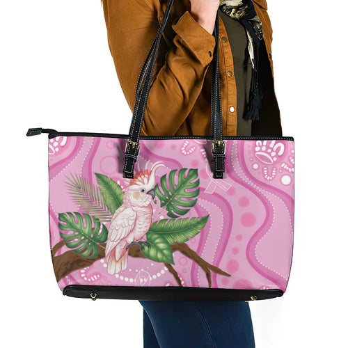 Australia Breast Cancer Awareness Leather Tote Bag Pink Cockatoo Ribbon Aboriginal Dot Art