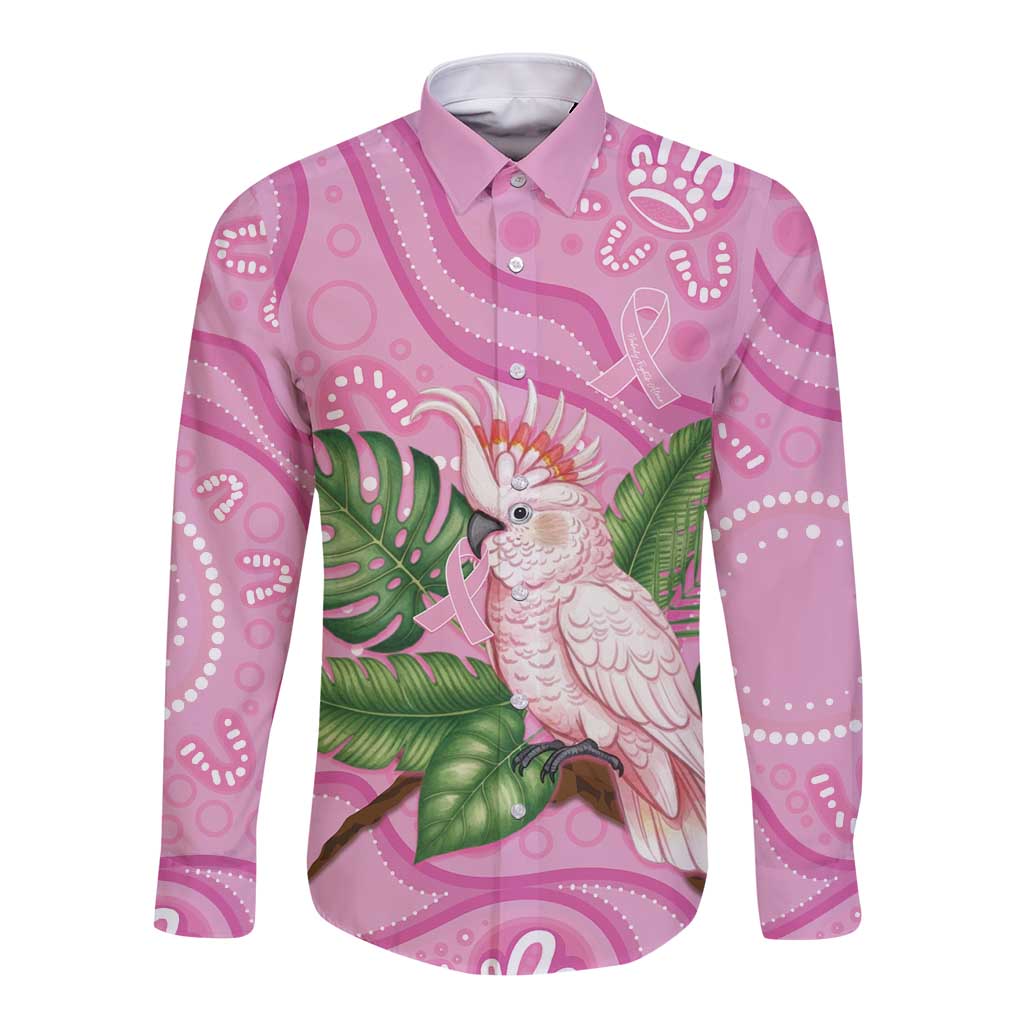 Australia Breast Cancer Awareness Long Sleeve Button Shirt Pink Cockatoo Ribbon Aboriginal Dot Art