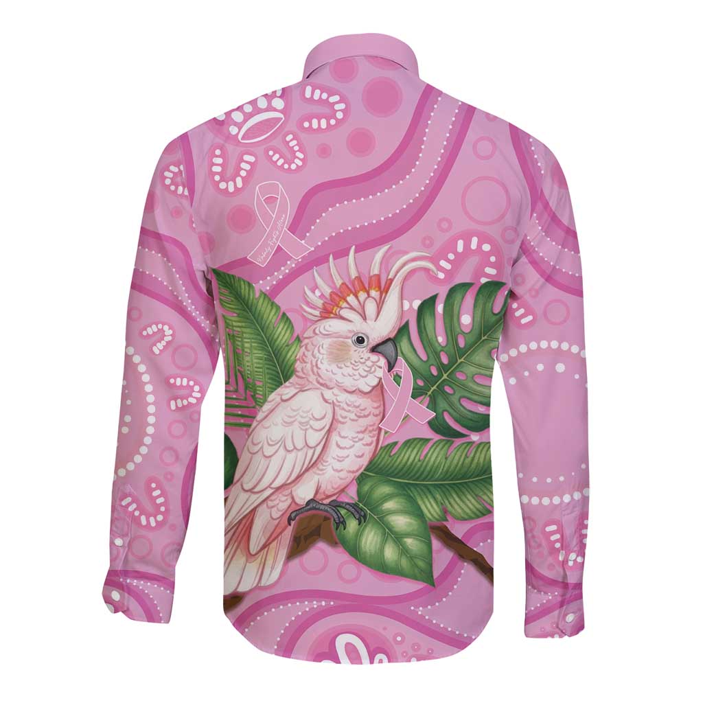 Australia Breast Cancer Awareness Long Sleeve Button Shirt Pink Cockatoo Ribbon Aboriginal Dot Art