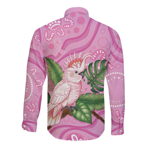 Australia Breast Cancer Awareness Long Sleeve Button Shirt Pink Cockatoo Ribbon Aboriginal Dot Art