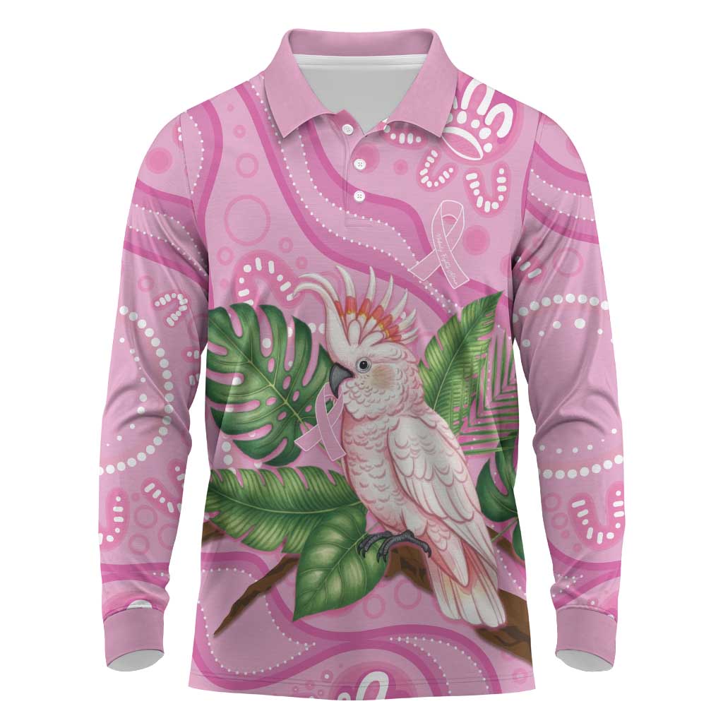 Australia Breast Cancer Awareness Long Sleeve Polo Shirt Pink Cockatoo Ribbon Aboriginal Dot Art