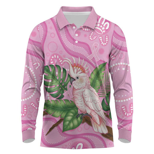 Australia Breast Cancer Awareness Long Sleeve Polo Shirt Pink Cockatoo Ribbon Aboriginal Dot Art