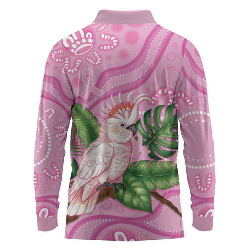 Australia Breast Cancer Awareness Long Sleeve Polo Shirt Pink Cockatoo Ribbon Aboriginal Dot Art