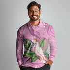 Australia Breast Cancer Awareness Long Sleeve Polo Shirt Pink Cockatoo Ribbon Aboriginal Dot Art