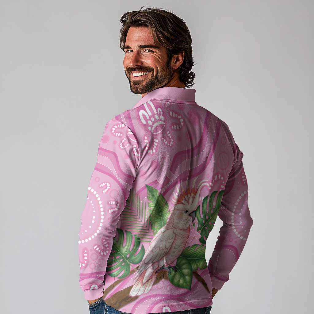 Australia Breast Cancer Awareness Long Sleeve Polo Shirt Pink Cockatoo Ribbon Aboriginal Dot Art