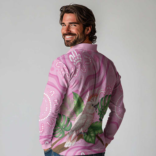 Australia Breast Cancer Awareness Long Sleeve Polo Shirt Pink Cockatoo Ribbon Aboriginal Dot Art