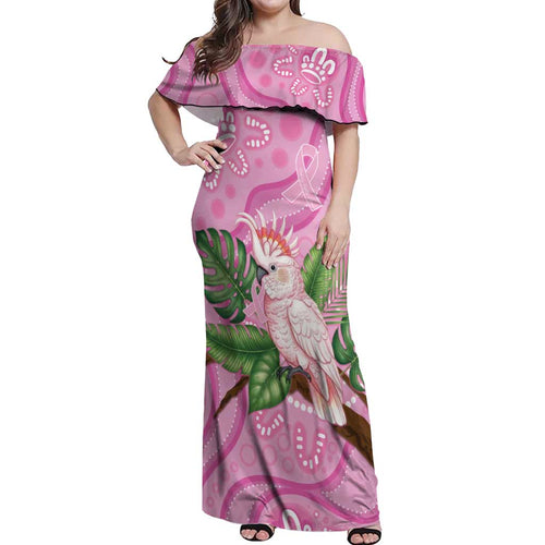 Australia Breast Cancer Awareness Off Shoulder Maxi Dress Pink Cockatoo Ribbon Aboriginal Dot Art
