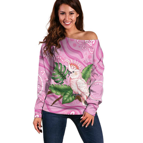 Australia Breast Cancer Awareness Off Shoulder Sweater Pink Cockatoo Ribbon Aboriginal Dot Art
