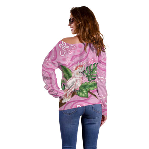 Australia Breast Cancer Awareness Off Shoulder Sweater Pink Cockatoo Ribbon Aboriginal Dot Art