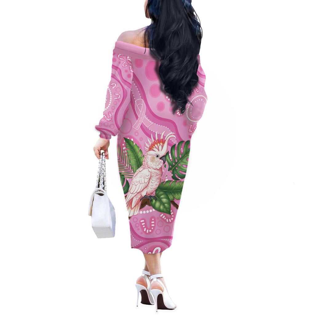 Australia Breast Cancer Awareness Off The Shoulder Long Sleeve Dress Pink Cockatoo Ribbon Aboriginal Dot Art