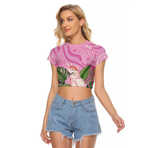 Australia Breast Cancer Awareness Raglan Cropped T Shirt Pink Cockatoo Ribbon Aboriginal Dot Art