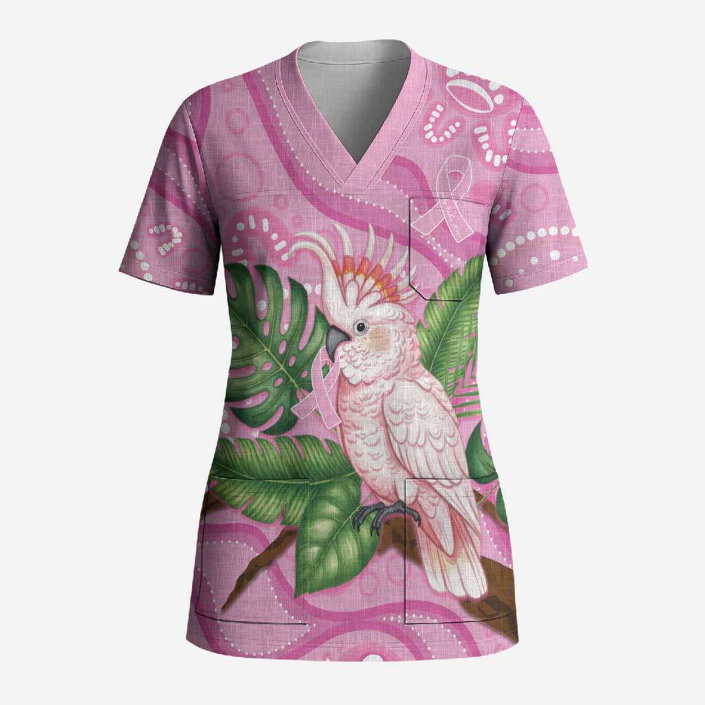 Australia Breast Cancer Awareness Scrub Top Pink Cockatoo Ribbon Aboriginal Dot Art