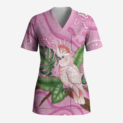 Australia Breast Cancer Awareness Scrub Top Pink Cockatoo Ribbon Aboriginal Dot Art
