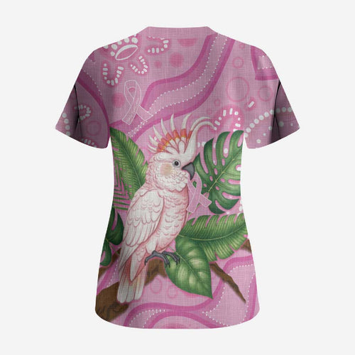 Australia Breast Cancer Awareness Scrub Top Pink Cockatoo Ribbon Aboriginal Dot Art