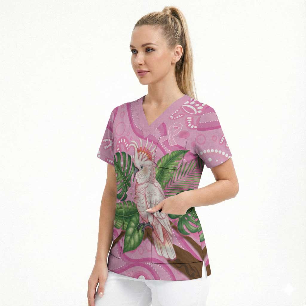 Australia Breast Cancer Awareness Scrub Top Pink Cockatoo Ribbon Aboriginal Dot Art