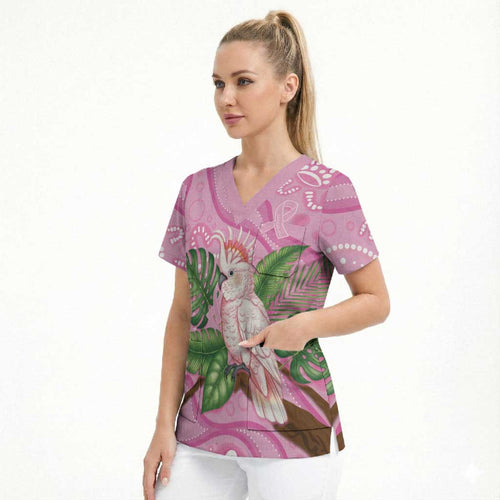 Australia Breast Cancer Awareness Scrub Top Pink Cockatoo Ribbon Aboriginal Dot Art