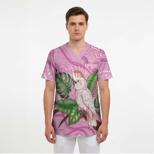 Australia Breast Cancer Awareness Scrub Top Pink Cockatoo Ribbon Aboriginal Dot Art