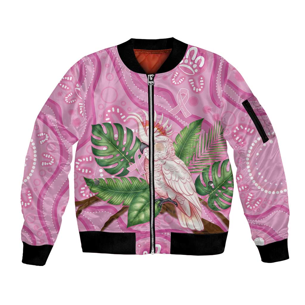Australia Breast Cancer Awareness Sleeve Zip Bomber Jacket Pink Cockatoo Ribbon Aboriginal Dot Art