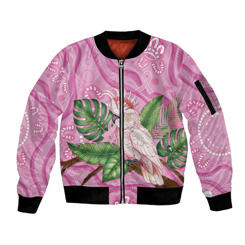 Australia Breast Cancer Awareness Sleeve Zip Bomber Jacket Pink Cockatoo Ribbon Aboriginal Dot Art