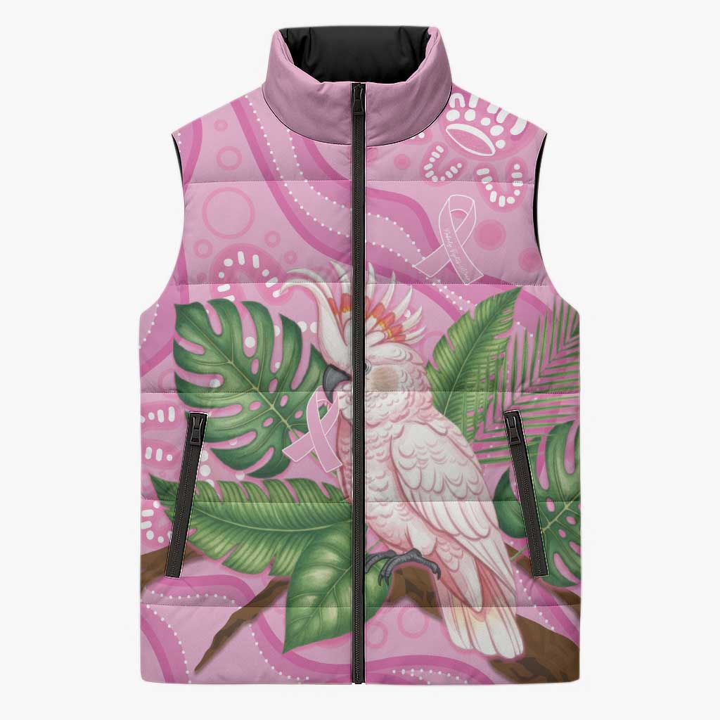 Australia Breast Cancer Awareness Sleeveless Puffer Jacket Pink Cockatoo Ribbon Aboriginal Dot Art
