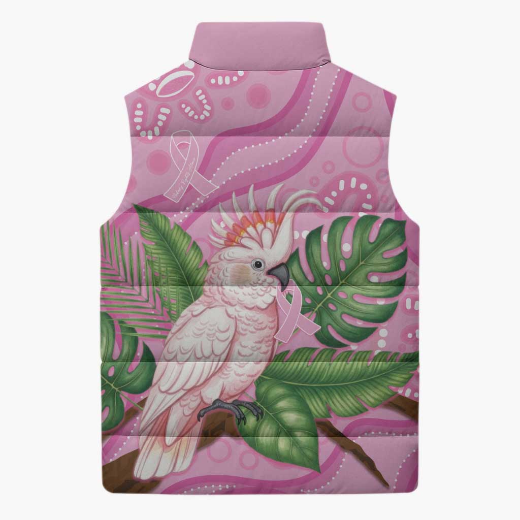 Australia Breast Cancer Awareness Sleeveless Puffer Jacket Pink Cockatoo Ribbon Aboriginal Dot Art