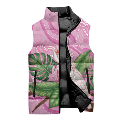 Australia Breast Cancer Awareness Sleeveless Puffer Jacket Pink Cockatoo Ribbon Aboriginal Dot Art