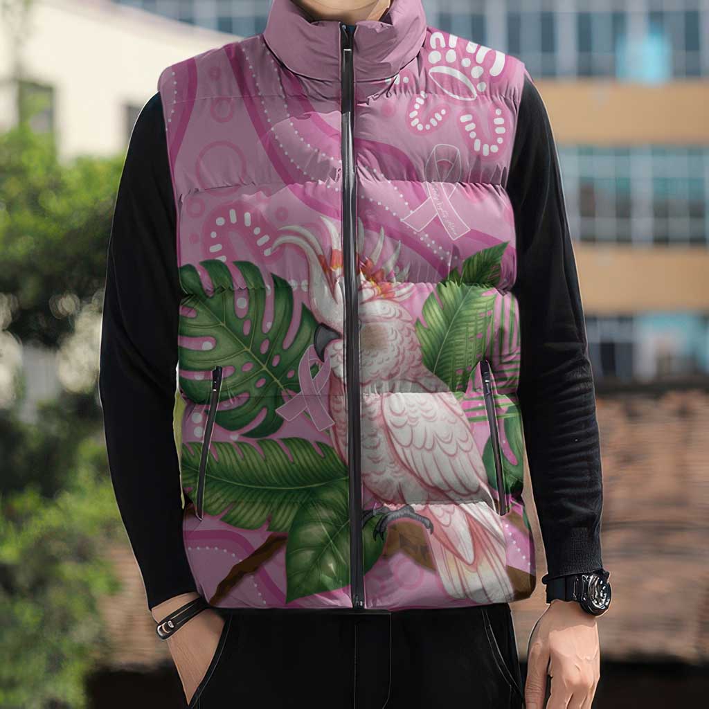 Australia Breast Cancer Awareness Sleeveless Puffer Jacket Pink Cockatoo Ribbon Aboriginal Dot Art