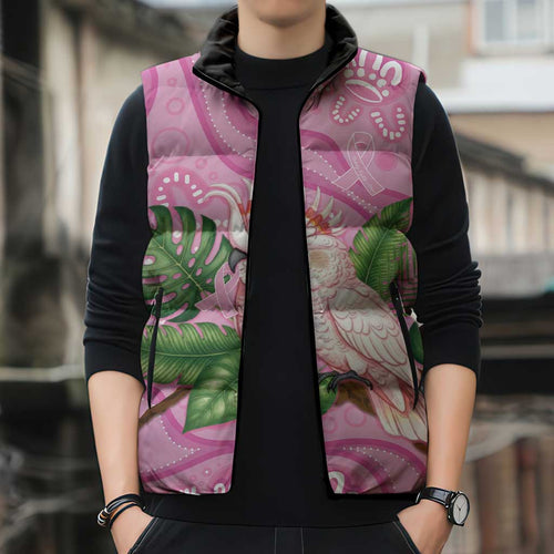 Australia Breast Cancer Awareness Sleeveless Puffer Jacket Pink Cockatoo Ribbon Aboriginal Dot Art