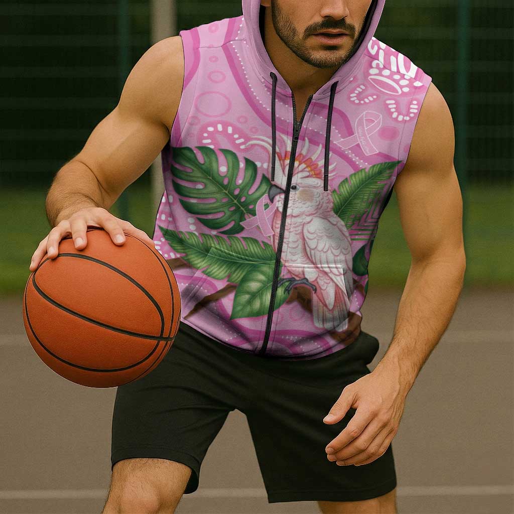 Australia Breast Cancer Awareness Sleeveless Zip Hoodie Pink Cockatoo Ribbon Aboriginal Dot Art