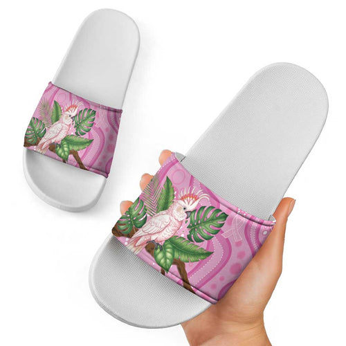 Australia Breast Cancer Awareness Slide Sandals Pink Cockatoo Ribbon Aboriginal Dot Art