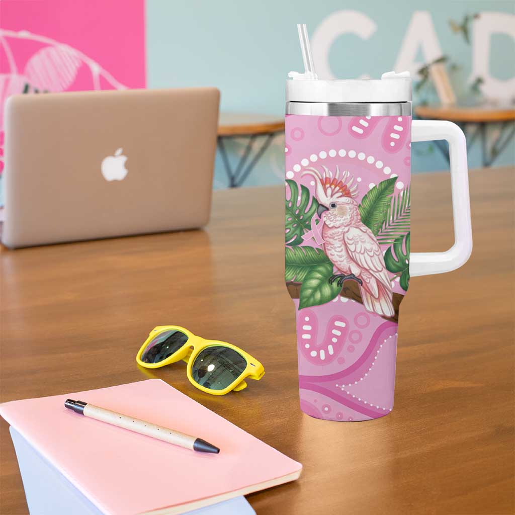 Australia Breast Cancer Awareness Tumbler With Handle Pink Cockatoo Ribbon Aboriginal Dot Art