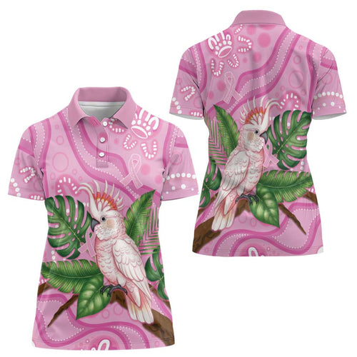 Australia Breast Cancer Awareness Women Polo Shirt Pink Cockatoo Ribbon Aboriginal Dot Art
