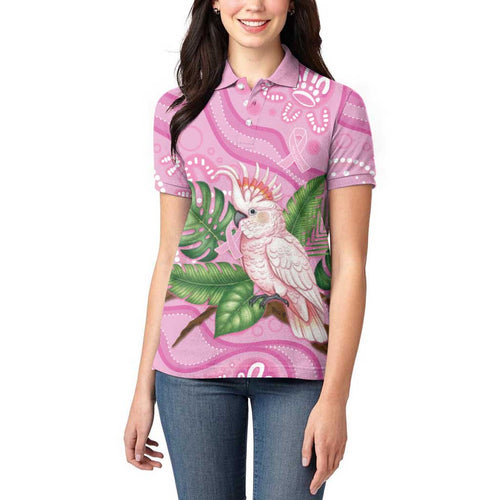 Australia Breast Cancer Awareness Women Polo Shirt Pink Cockatoo Ribbon Aboriginal Dot Art