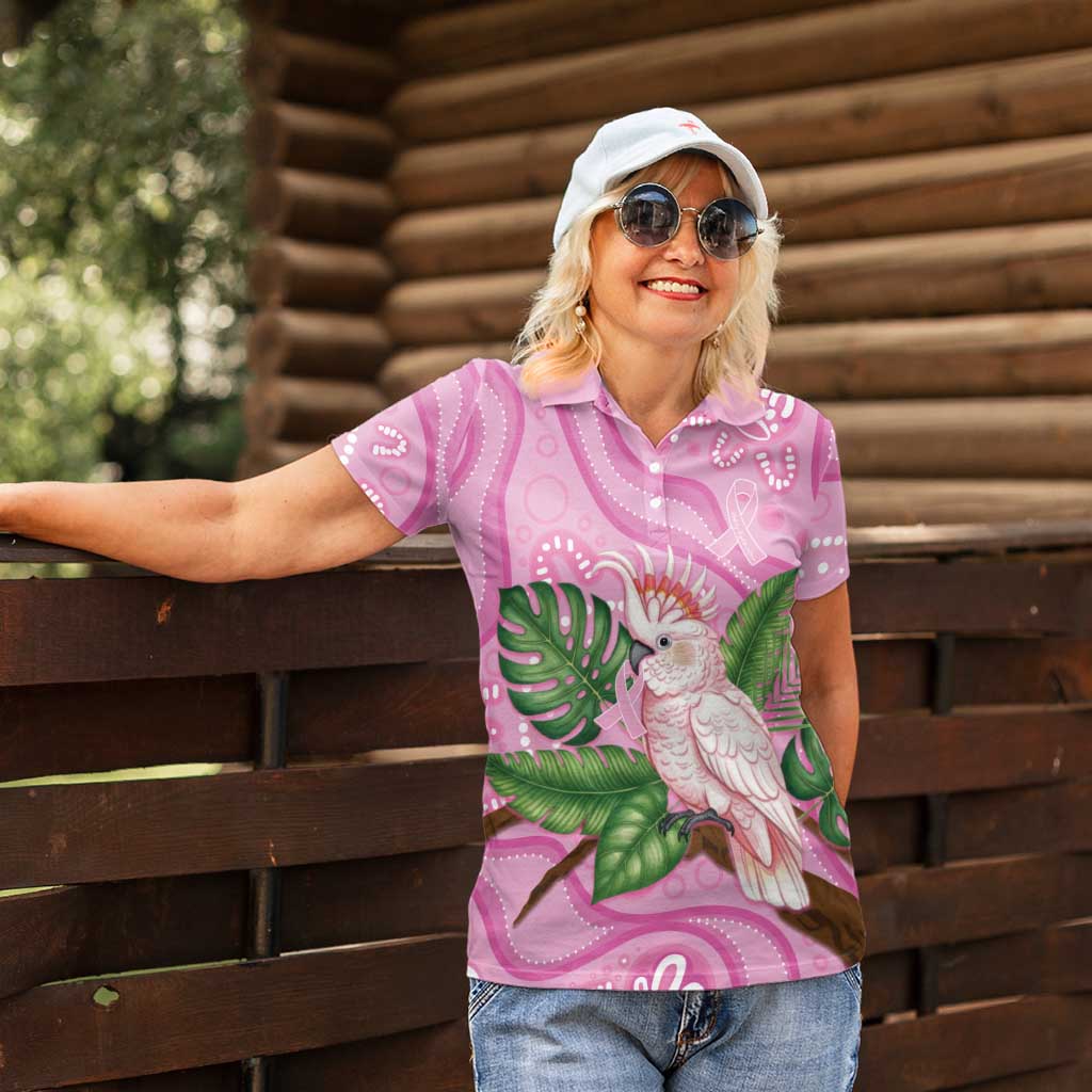 Australia Breast Cancer Awareness Women Polo Shirt Pink Cockatoo Ribbon Aboriginal Dot Art