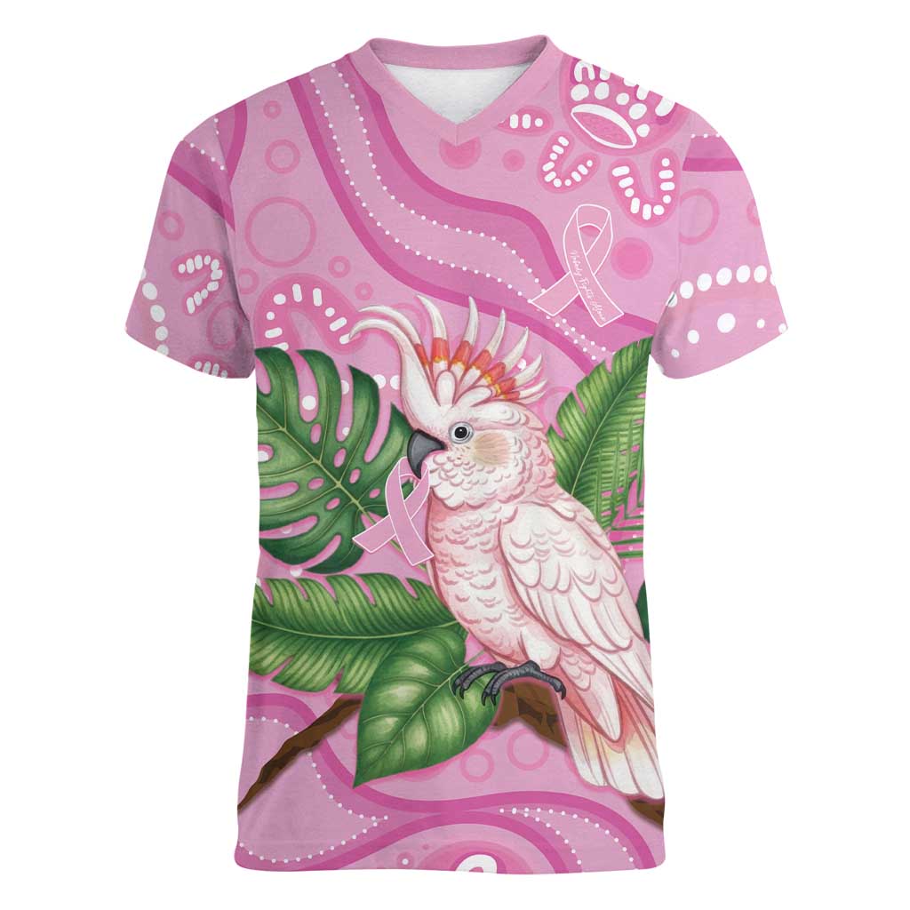 Australia Breast Cancer Awareness Women V-Neck T-Shirt Pink Cockatoo Ribbon Aboriginal Dot Art